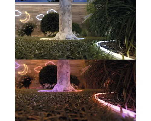 Peisaj de grădină cu gazon, copaci, arbuști și iluminat decorativ