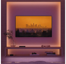 Living cu televizor, rafturi și iluminare indirectă pentru o atmosferă confortabilă