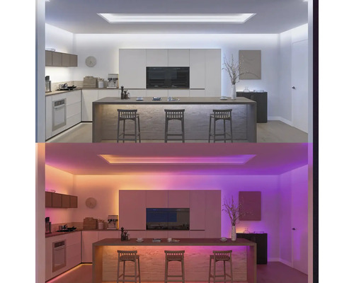 Bucătărie modernă cu iluminare LED în două dispoziții de culoare