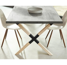 Masa de sufragerie cu blat gri și picioare încrucișate din lemn