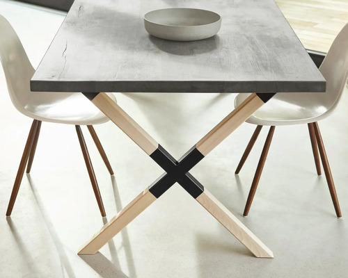 Masa de sufragerie cu blat gri și picioare încrucișate din lemn