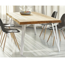 Masa de sufragerie cu blat din lemn și picioare metalice cu scaune