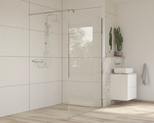 Baie modernă cu cabină de duș, baterie de duș și lavoar