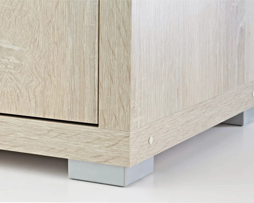 Vizualizare detaliată a unui dulap din lemn cu picioare