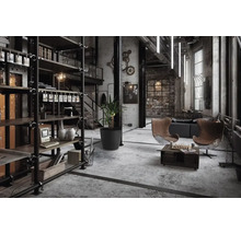 Living loft în stil industrial cu rafturi, locuri de ședere și decorațiuni