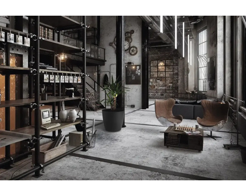 Living loft în stil industrial cu rafturi, locuri de ședere și decorațiuni