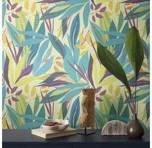 Perete decorativ cu model tropical de frunze și plante de interior