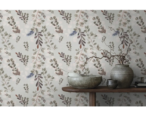 Tapet cu design botanic cu frunze într-un interior