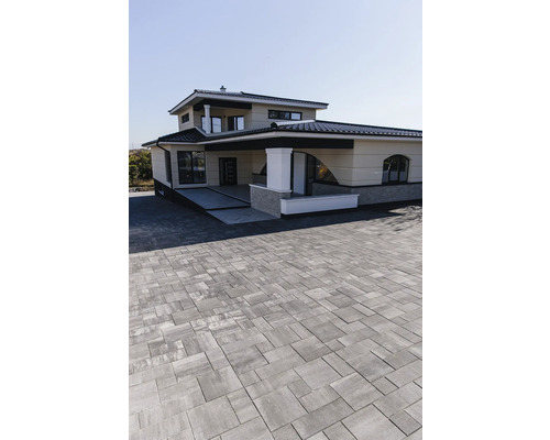 Casă modernă cu alee și terasă pavată