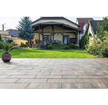 Grădină cu terasă pavată, gazon și casă