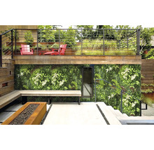 Spațiu exterior cu perete verde, bancă și vatră