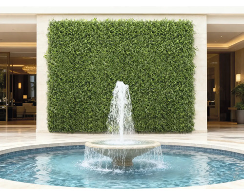 Perete verde decorativ cu o fântână în prim-plan