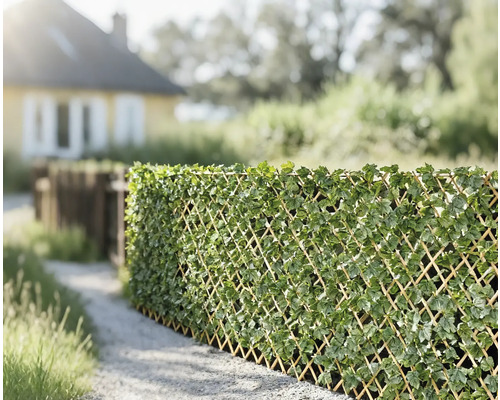 Ecran de confidențialitate decorativ realizat din zăbrele cu frunze artificiale în grădină.