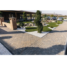 Exterior cu pavaj, pietriș și zone verzi.