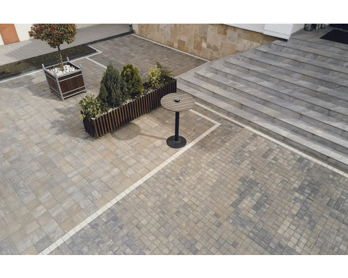 Exterior cu pavaj, jardiniere și o masă mică