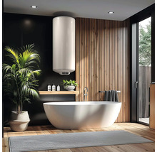 Baie modernă cu cadă, boiler suspendat și elemente din lemn