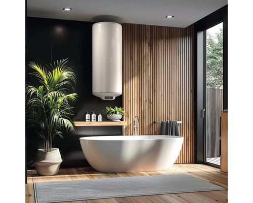 Baie modernă cu cadă, boiler suspendat și elemente din lemn