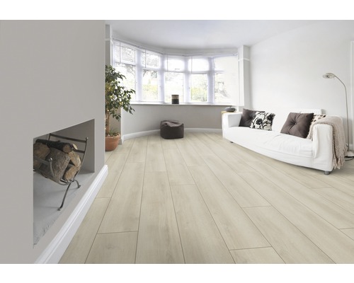 Cameră de zi luminoasă cu parchet laminat, canapea și șemineu