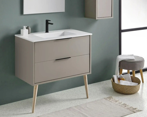 Baie modernă cu dulap de bază pentru lavoar, lavoar așezat și oglindă