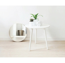 Scenă decorativă cu oglindă rotundă, măsuță laterală, plante de interior și sculptură