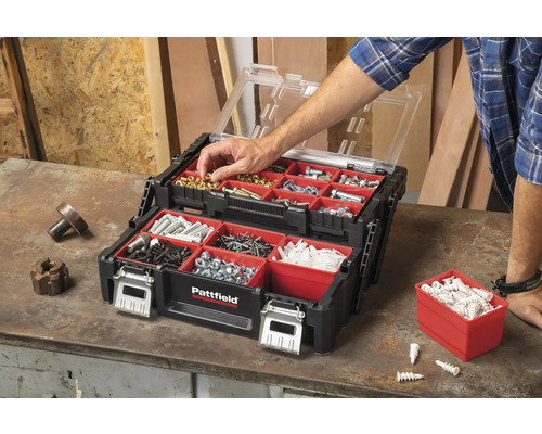 Cutie de scule Pattfield umplută cu capac transparent și inserție roșie