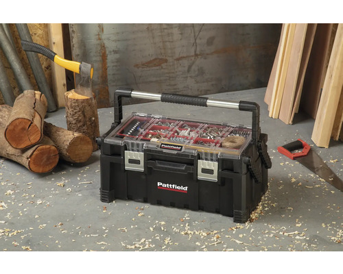 Cutie de scule Pattfield cu șuruburi și cuie lângă un topor și un ferăstrău