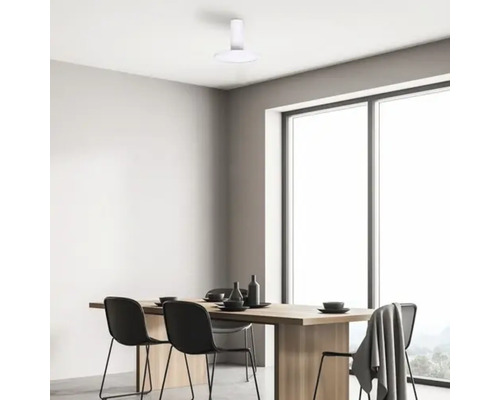 Sufragerie cu masă, scaune și lampă de tavan.