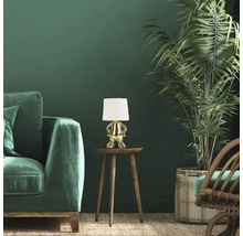 Scenă decorativă cu o canapea, o măsuță laterală, o lampă de masă și o plantă de interior