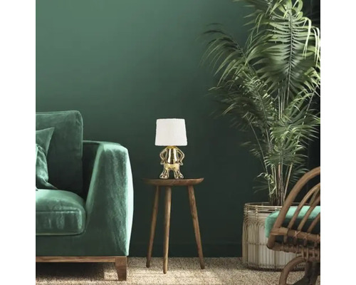 Scenă decorativă cu o canapea, o măsuță laterală, o lampă de masă și o plantă de interior