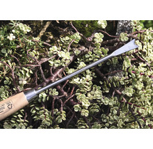 Dispozitiv de scos buruieni cu mâner de lemn în fața plantelor