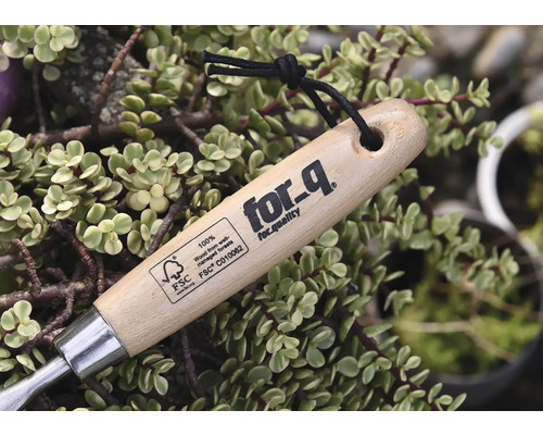 Logo for_q pe un instrument de grădinărit cu mâner de lemn și sigiliu FSC