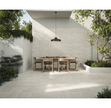 Scenă de grădină cu podea cu gresie, masă de sufragerie și zidărie