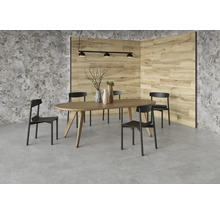 Sufragerie cu masă de sufragerie, scaune și plăci de perete cu aspect de piatră și aspect de lemn