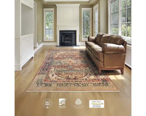 Cameră de zi cu covor cu model, canapea și șemineu