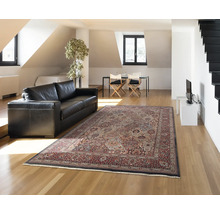 Living cu covor cu model, canapea de piele, masă și scări