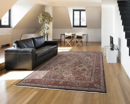 Living cu covor cu model, canapea de piele, masă și scări