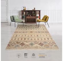 Un living cu un covor cu model, două scaune și un dulap din lemn.