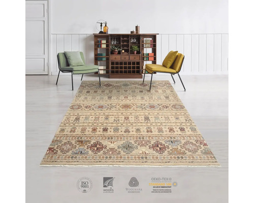 Scenă cu un covor cu model, două scaune și un dulap din lemn.