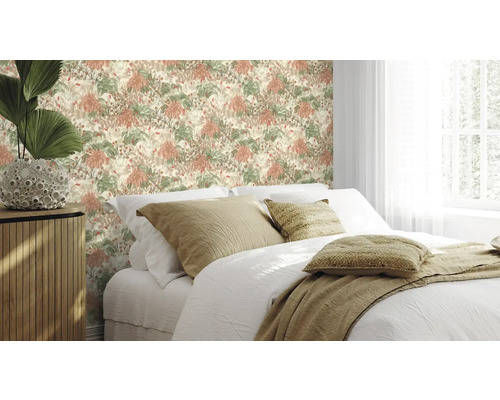 Tapet vlies 868319 Botanical pajiște crem 10,05x0,53 m Dormitor cu tapet cu model floral și pat