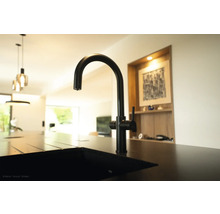 Baterie de bucătărie neagră pe o chiuvetă într-o bucătărie modernă.