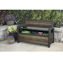 Bancă de grădină cu spațiu de depozitare pentru unelte și accesorii de grădină în aer liber.