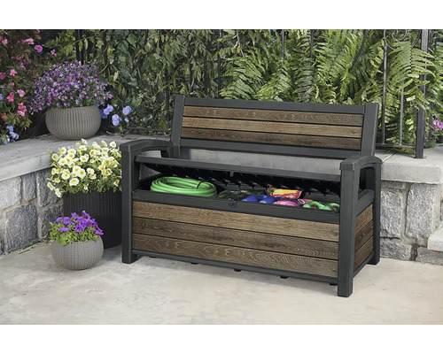 Bancă de grădină cu spațiu de depozitare pentru unelte și accesorii de grădină în aer liber.