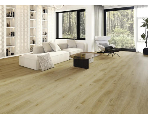 Cameră de zi luminoasă cu podea cu aspect de lemn, canapea, fotolii și rafturi