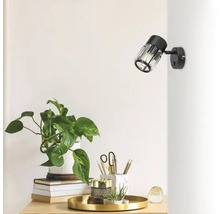 Birou cu plantă de interior și lampă de perete neagră