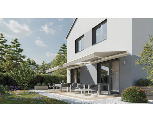 Fațadă casă cu copertină de terasă, mobilier de grădină și zonă exterioară