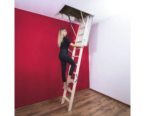 Femeie urcând pe o scară de mansardă spre un pod.