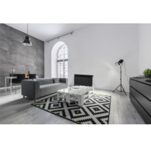 Cameră de zi luminoasă cu canapea, masă, covor și zonă de luat masa