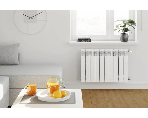 Living cu calorifer, canapea, masă și decorațiuni