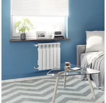 Cameră de zi cu calorifer, pervaz cu decorațiuni și măsuță de cafea