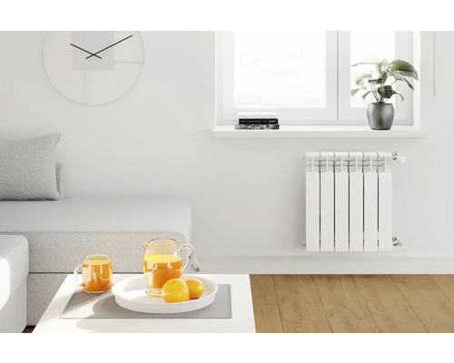 Cameră de zi luminoasă cu radiator, ceas și decorațiuni